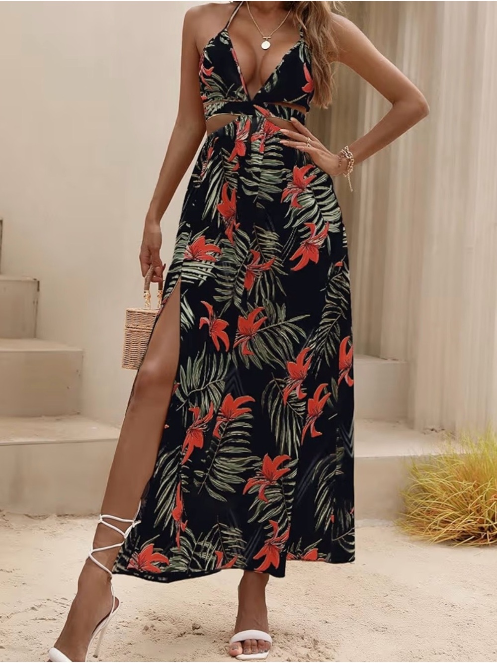 Black Tropical Floral Halter Maxi Dress with Red Accent